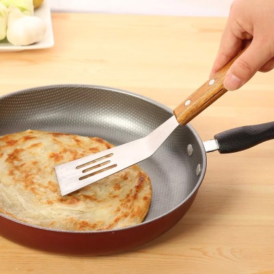 Wooden Handle Shovel Stainless Steel Scallion Pancake Shovel Teppanyaki Flat Shovel Food Shovel Fried Spatula Pancake Steak Tool