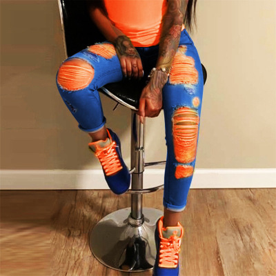 Cross-Border Supply 2021 Summer Color Line Ripped Jeans