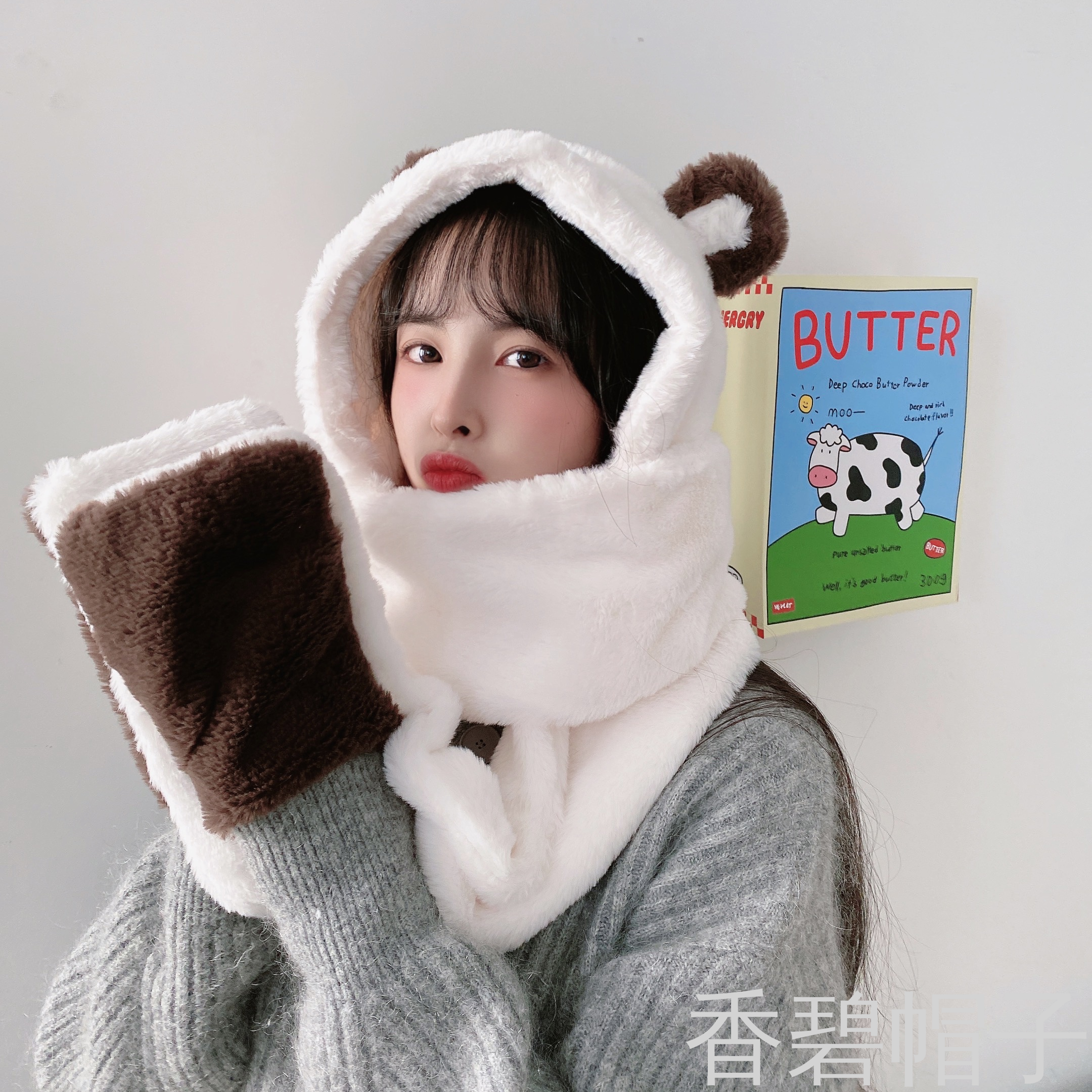 小兔毛小熊拼色耳朵一体帽帽子围巾手套三件套