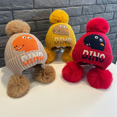 Winter Children's Hat Warm Thickened Earflaps Outdoor Children's Western Style Woolen Cap Cartoon Dinosaur Knitted Hat Wholesale