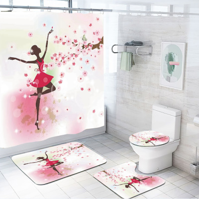 Flower Season Beauty Cross-Border Water-Repellent Cloth Thick Polyester Shower Curtain to Make Bathroom Toilet Mat Four-Piece Set Manufacturer