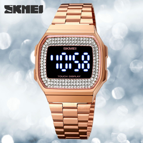 Skmei Personality Diamond Stud Dial Steel Belt Female Student LED Electronic Watch Fashion Southeast Asia Hot Sale Women‘s Watch