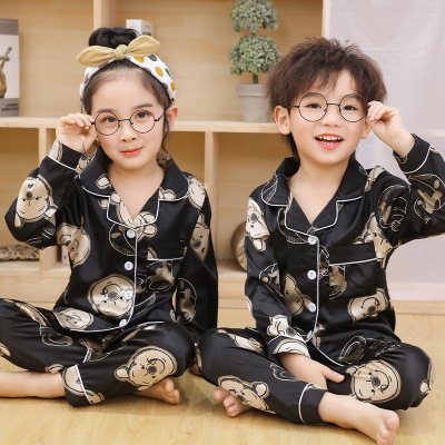 Foreign Trade Artificial Silk Children's Pajamas Spring and Autumn Cute Cartoon Boys and Girls Loose Thin Ice Silk Home Wear