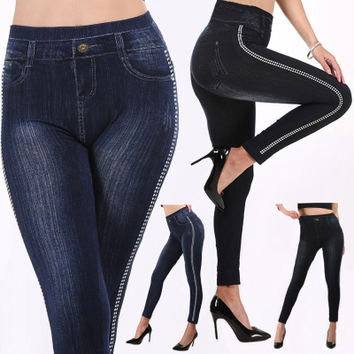 AliExpress Wish Autumn Best-Selling Women's Imitation Denim Leggings Cotton Fashion Side Dot High Waist Ankle-Length Pants