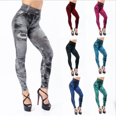 European and American AliExpress New Foreign Trade Imitation Denim Leggings Super Elastic Multi-Color Cropped Pants for Women in Stock