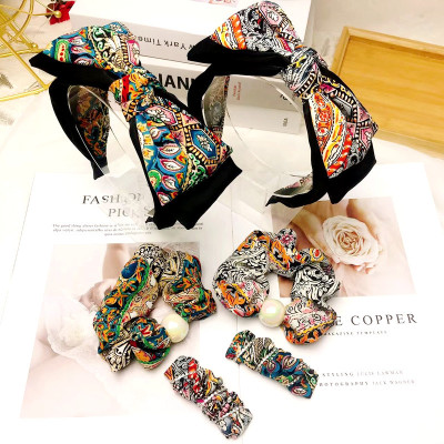 Korean Style New Floral Color Matching Big Bow Headband Pleated Large Intestine Ring BB Clip Pearl Rhinestone Fairy Style Hair Accessories Women's