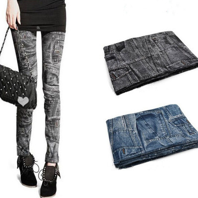 Foreign Trade Faux Pocket Printed Imitation Denim Leggings Women's Tight Stretch Seamless One-Piece Cropped Pants K902