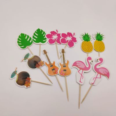 Hawaiian Party Table Layout Cake Inserting Card Hibiscus Flower Monstera Flamingo Fruit Toothpick Paper Decorative Flag Ornaments