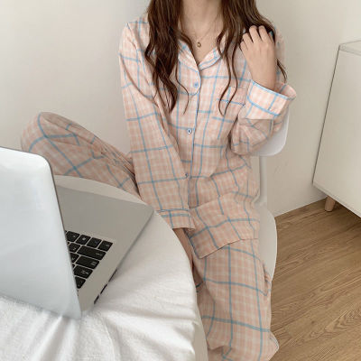 Korean Style Winter Pajamas Women's Plaid Cute Spring and Autumn Long Sleeve Foreign Trade Can Be Worn outside Japanese Style Spring and Autumn Homewear Women's Suit