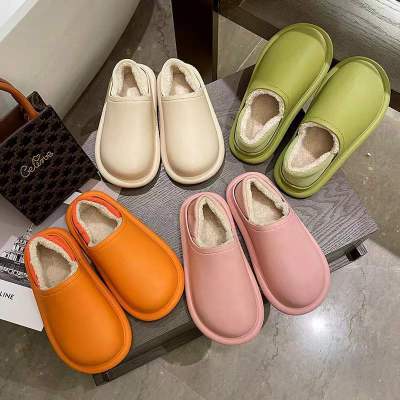 Thick Bottom Waterproof Cotton Slippers Women's Cute Thickening Shoes Winter Warm with Velvet Couple Household Non-Slip Woolen Slipper