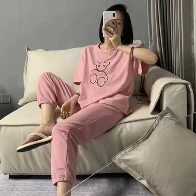 Factory Wholesale Waffle Cartoon Bear Pajamas Suit Women's Summer Thin Outer Wear Casual Homewear Two-Piece Suit