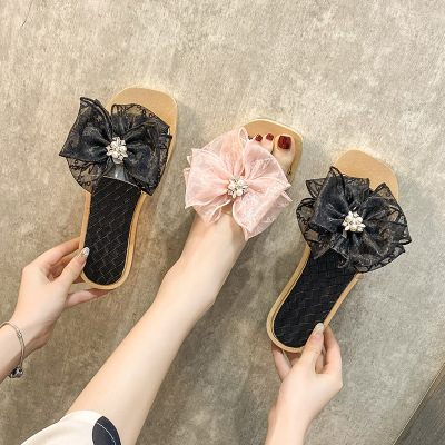 2021 New Slippers Women's Summer Fashion Outerwear Bowknot One-Word Slippers Red Ins Flat All-Match Elegant Sandals