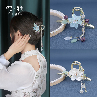 Antique Hair Accessories Linglan Barrettes Pearl Buyao Tassel Headdress Flower Headdress Clip Glazed Flower Grip