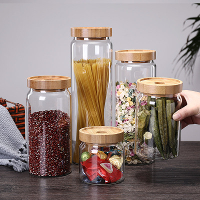 Factory Wholesale Borosilicate Glass Sealed Can Wholesale Bamboo Cover Tea Jar Candy Box Transparent Glass Storage Jar