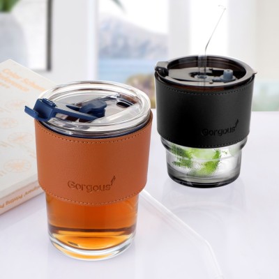 Milk Tea Drink D Sound Hot Sale Same Hot Online Red Coffee Glass with Leather Cover Water Straw Bamboo Joint Cup