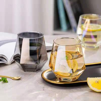 Hexagonal Diamond Cup Glass High Temperature Resistant Creative Personalized Juice Glass Cup Wholesale Household Golden Edge Diamond Surface Water Cup