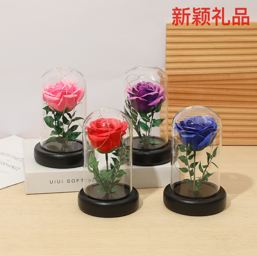 玫瑰花玻璃罩LED灯 实木底座