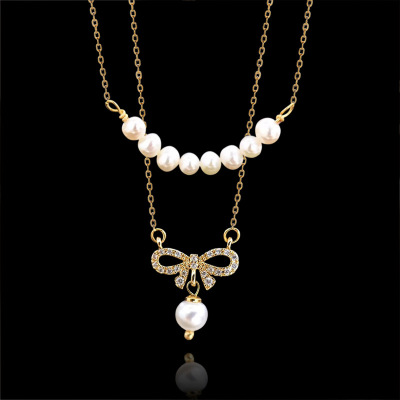 European and American Elegant New Natural Real Pearl Necklace Antique Creative 14K Gold Injection Double Bow Pendant Wholesale