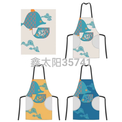 Polyester Printed Apron Imitation Cotton and Linen Factory Direct Sales Export Best-Selling Apron Printing Neck Sling Pocket Apron