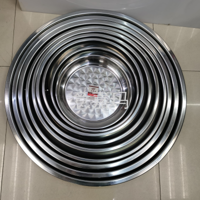 201 Stainless Steel round Plate Thickened Cold Noodle Plate Flat Bottom Plate Dumpling Plate Household Meal Saucer Shallow Plate Barbecue Plate Dinner Plate