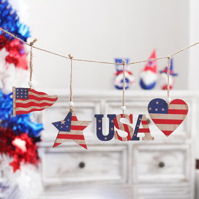 Cross-Border New American Independent Party Decorations American Flag Distressed Painted Wood Pendant Party Ornaments