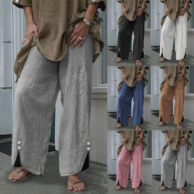 Amazon Cross-Border 2022 Spring/Summer European and American Women's Clothing New Loose Beach Pants Solid Color Buttons Wide Leg Casual Trousers