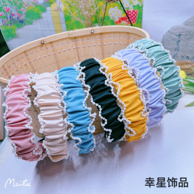 Forever Love Love Fabric Pearl Pleated Headband Solid Color Girl Wide Edge High Skull Top Headband Elegant Hair Accessories Hairpin