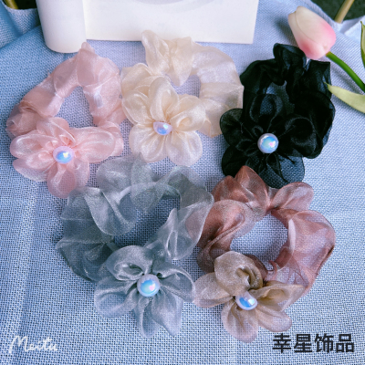 Mesh Bright Beads Sunflower Hair Rope Women's Large Intestine Hair Ring Low Ponytail Hair String Bun Rubber Band Hair Accessories