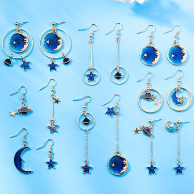 Japanese Style Fresh Blue Star and Moon Earrings Asymmetric All-Match Planet Geometric round Ear Hook Long Earrings