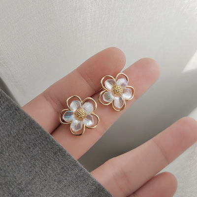 Sterling Silver Needle Fairy Flower Stud Earrings for Women Korean Graceful Online Influencer Fresh Three-Dimensional Petals Earrings Simple Ear Clip