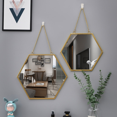 Nordic Iron Hexagonal Wall-Mounted Mirror Bathroom Bathroom and Dormitory Mirror Wall-Mounted Washstand Wall-Mounted Cosmetic Mirror