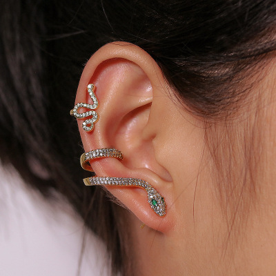 Ear Studs Hot Sale Three-Dimensional Animal Ear Clip Zircon Gold Snake Earrings Retro Ear Clip Cold Wind Full Diamond Snake-Shaped Ear Studs