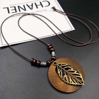 Foreign Trade Creative New Retro Cotton and Linen Accessories Ethnic Style Wooden Alloy Leaf Pendant Long Necklace Women's Sweater Chain