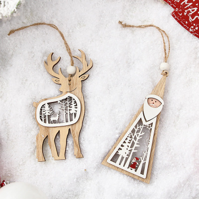 Christmas Decorations Creative Hollow Carved Forest Elk Santa Claus Log Wood Products Pendant