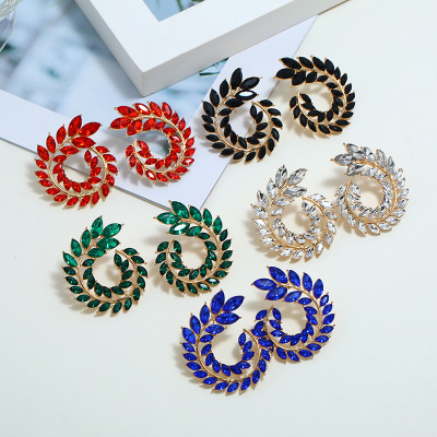 Popular European and American Foreign Trade Leaves Zircon Ear Studs Exaggerated Feather Branch Back Hanging Rhinestone Leaf Earrings