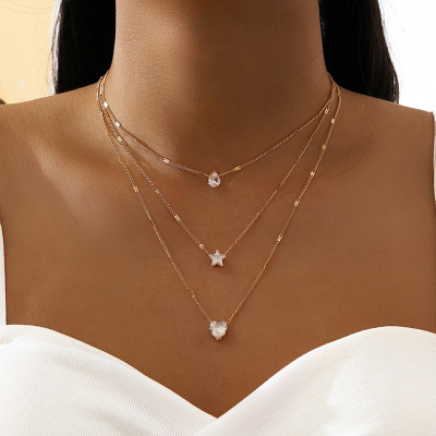 Cross-Border Foreign Trade Hot Selling Product Fashion Simple Multi-Layer Five-Pointed Star Heart Water Drops Pendant Vintage Necklace Clavicle Chain