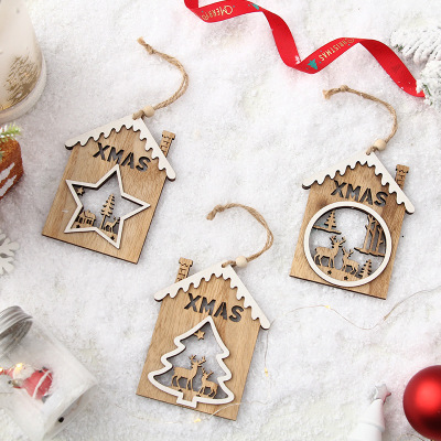 Cross-Border New Christmas Decorations Carved Christmas Little Pine Tree Elk Nordic Style Christmas Cabin Pendants