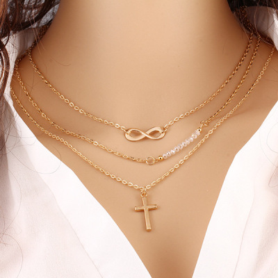 European and American Foreign Trade Trendy Grace Multi-Layer Metal Cross Inverted 8 Clavicle Chain Bead Necklace Wholesale