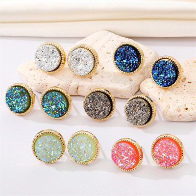 10mm New Retro Simple round Resin Glitter Earrings Geometric Metal Hemming Stud Earrings Foreign Trade Earrings Women