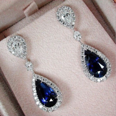 European and American Foreign Trade Fashion Trend Water Drop Earrings Diamond Inlaid Shiny Sapphire Crystal Ear Studs Earrings