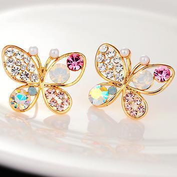 B177 Korean Style High-End Ornament Wholesale Pearl Butterfly Hollow Colorful Crystals Stud Earrings Korean New Earrings Foreign Trade