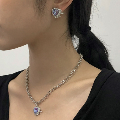 European and American Style Fashion Purple Rhinestone Love Heart Stud Earrings Sweet Kuchao Ins Frosty Style Earrings Luxury Graceful Earrings