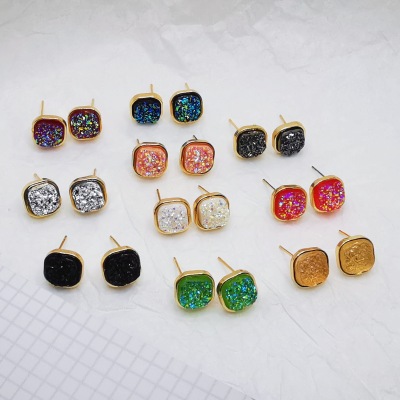 European and American Foreign Trade Ornament Wholesale Square Multi-Color Ear Studs Magic Color XINGX Color Rock Effect Small Ear Studs