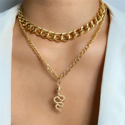 Ornament Europe and America Cross Border Punk Double Layer Thick Straps Female Necklace Snake Pendant Necklace Creative Hip Hop Retro