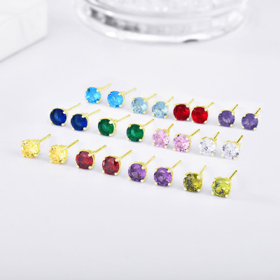 925 Sterling Silver High-Grade Niche Zircon Ear Studs Simple Month Stone Four Claw Foreign Trade Ear Studs Earrings Wholesale