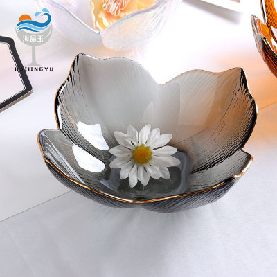 Nordic Ins Golden Edge Petal Glass Salad Bowl Dish Wholesale Household Fruit Plate Creative Dessert Bowl Ice Cream Bowl