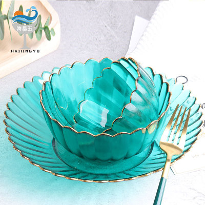 Nordic Style Transparent Lace Glass Bowl Golden Edge Color Fruit Dessert Salad Bowl Dish & Plate Tableware Set