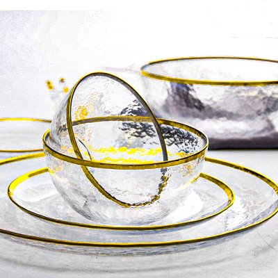 European Creative Handmade Gilt Edging Glass Tableware Transparent Glass Plate Household Bowl Plate Dishware Set Wholesale
