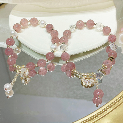 Vigorous Girl Strawberry Quartz Bracelet XINGX Longevity Lock Peach Crystal Pearl Bracelet Gift Attracting Male Girlfriends' Gift