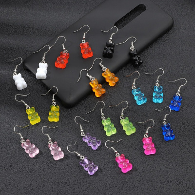 Korean Style Creative Candy Color Cartoon Bear Earrings Cross-Border Cute Bear Color Resin Transparent Earrings Eardrops